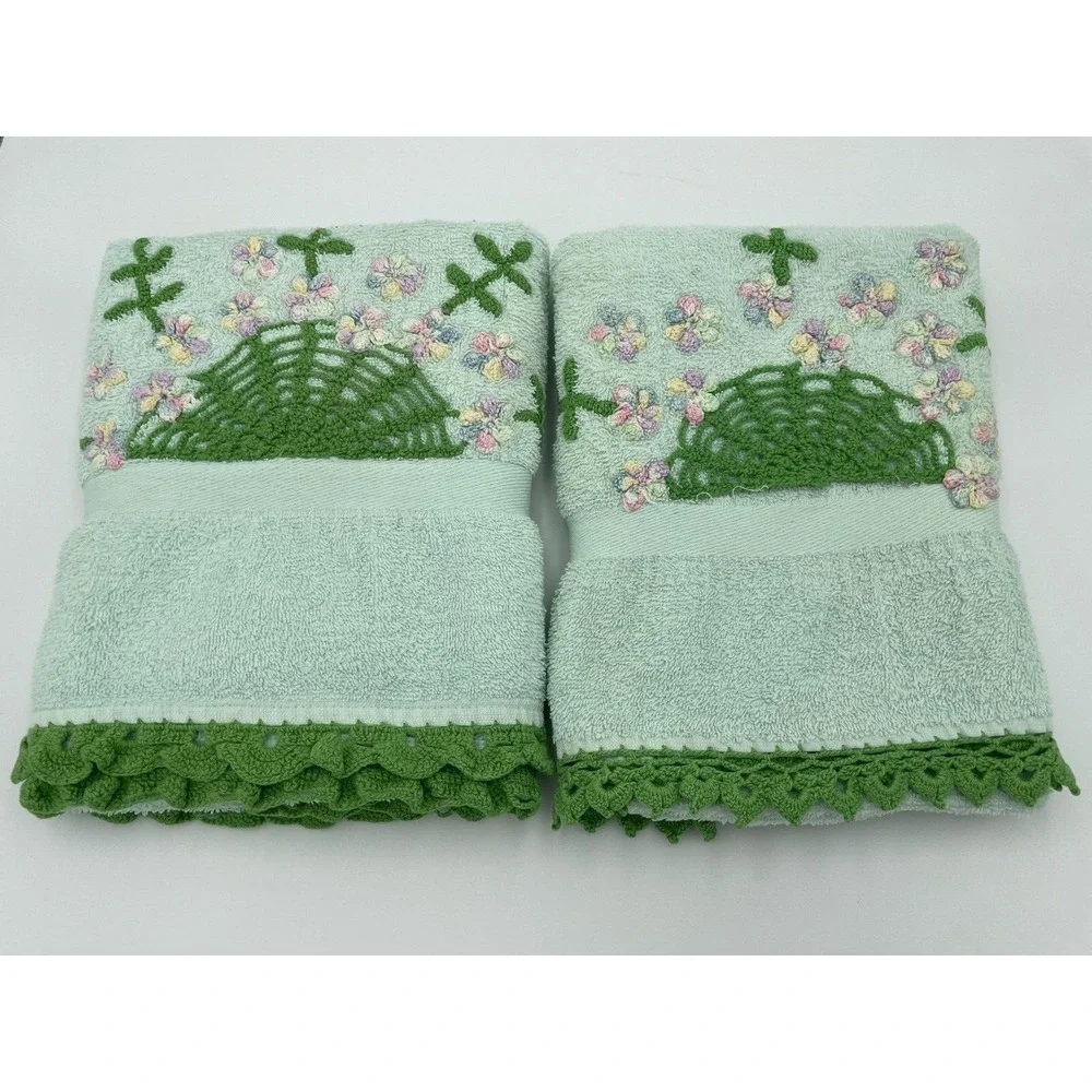 2 Vintage Hand‎ Crocheted and Embroiderd Bath Towels Flowers Butterflies